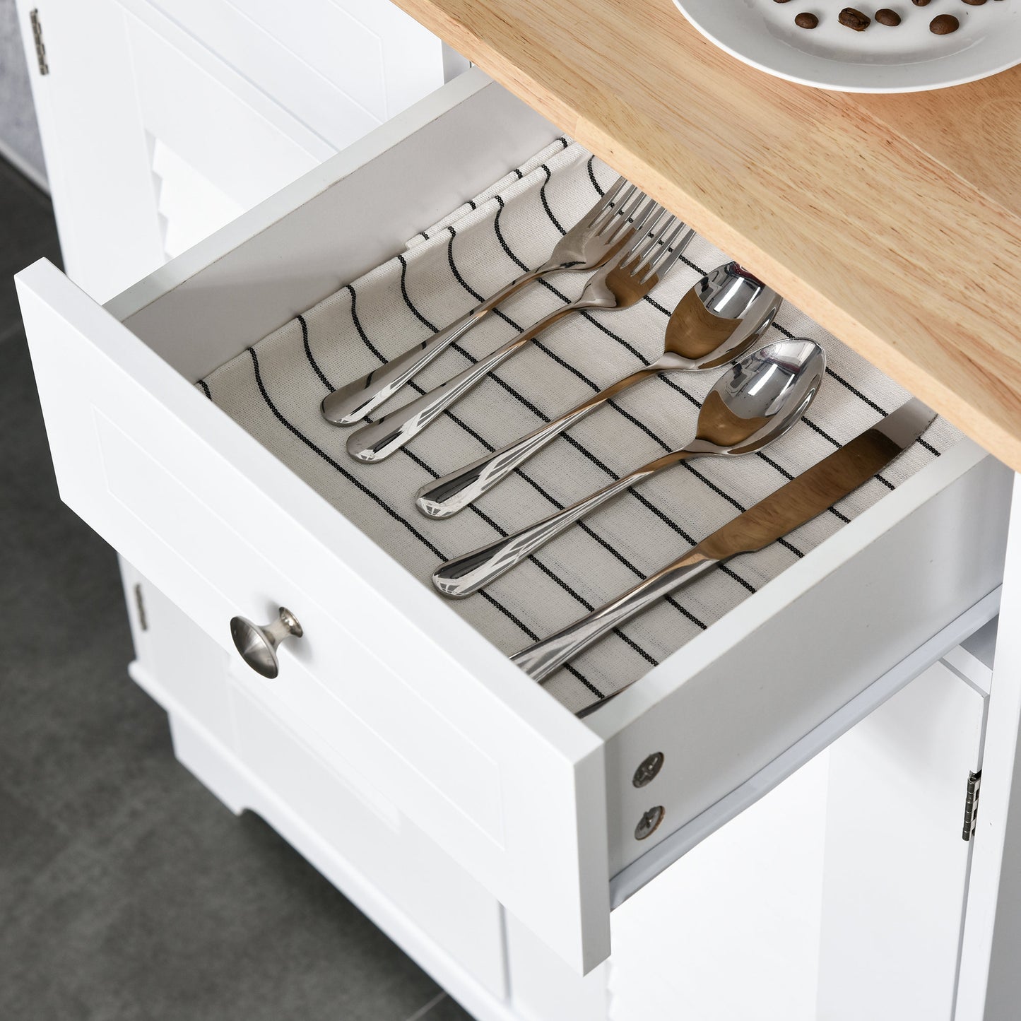 Coastal Style Kitchen Buffet and Hutch Wooden Storage Cupboard with Framed Glass Door LouveredCabinet Drawers Microwave Space for Dining Room Living Room White