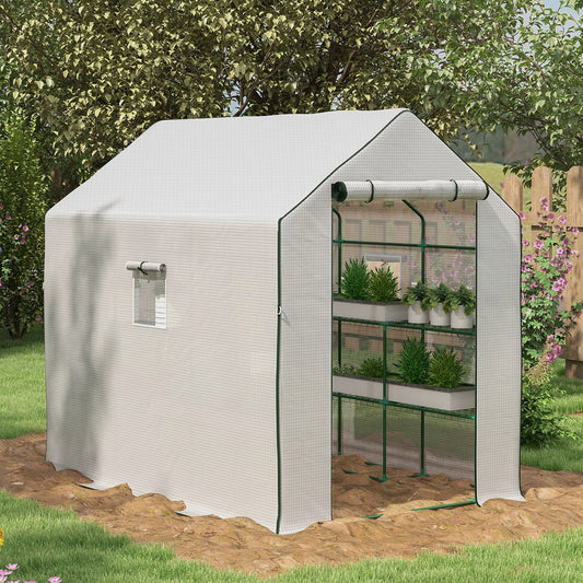 Portable Greenhouse, Walk-In Small Outdoor Green House with 2 Tier U-Shaped Flower Rack Shelves, 4.6' x 4.7', White