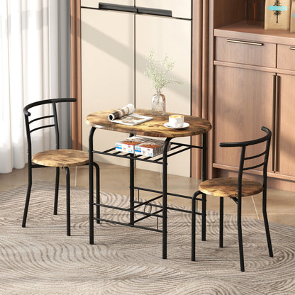 3-Piece Dining Table Set for 2 with Shelf - Rustic Brown