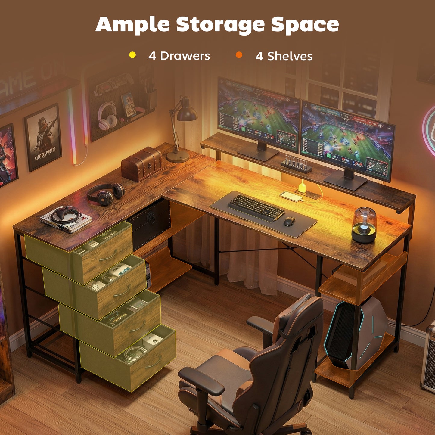 Gaming Desk with Power Outlets LED Lights Computer Desk with Drawers Monitor Stand 61" Rustic Brown