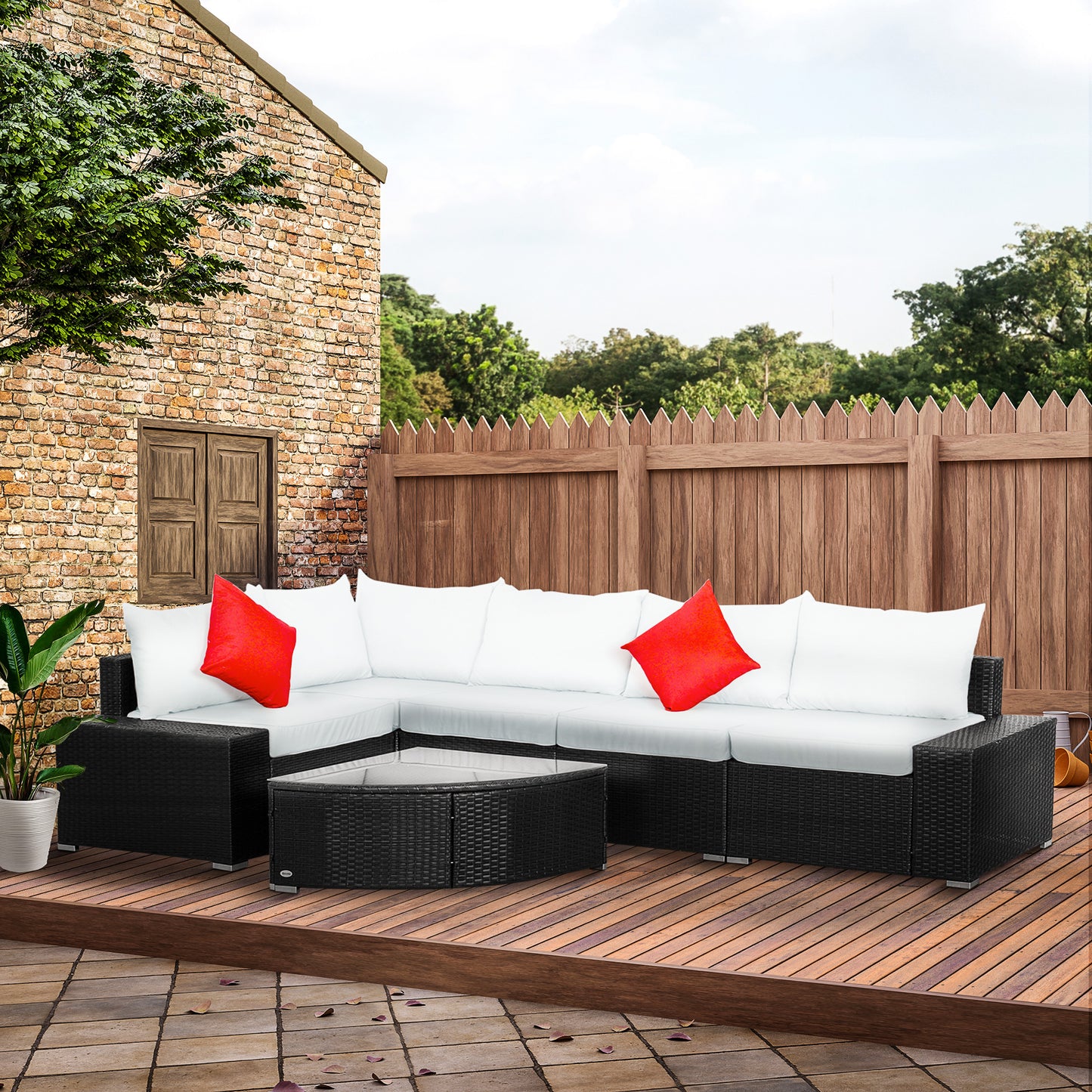 6 Piece Outdoor Wicker Furniture Set, Patio Cushioned Rattan Sofa Chair and Table, Cream White