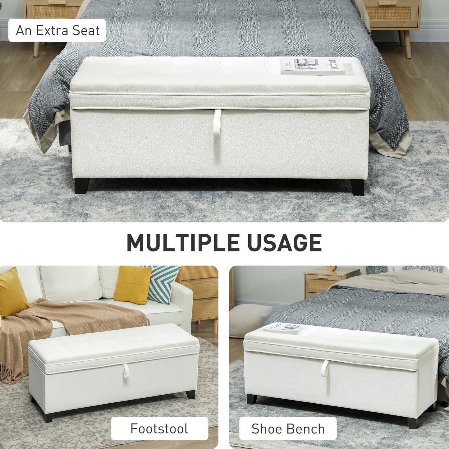 Storage Ottoman Bench, Foot Rest with Safety Hinges, 47 Inches Linen Storage Chest for Living Room, Cream White