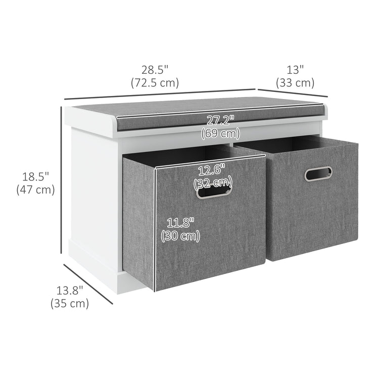 Cushioned Shoe Storage Bench with 2 Fabric Drawers - White