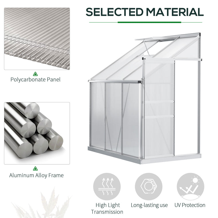 6' x 4' Clear Lean-To Polycarbonate Greenhouse with Roof Vent