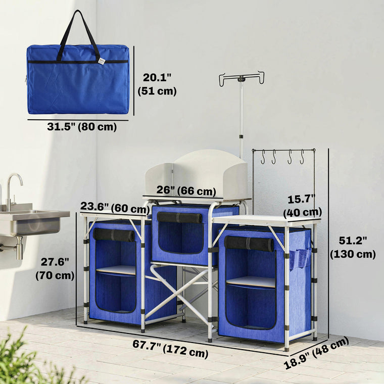 Blue Aluminum Folding Camping Kitchen Table with Cupboards