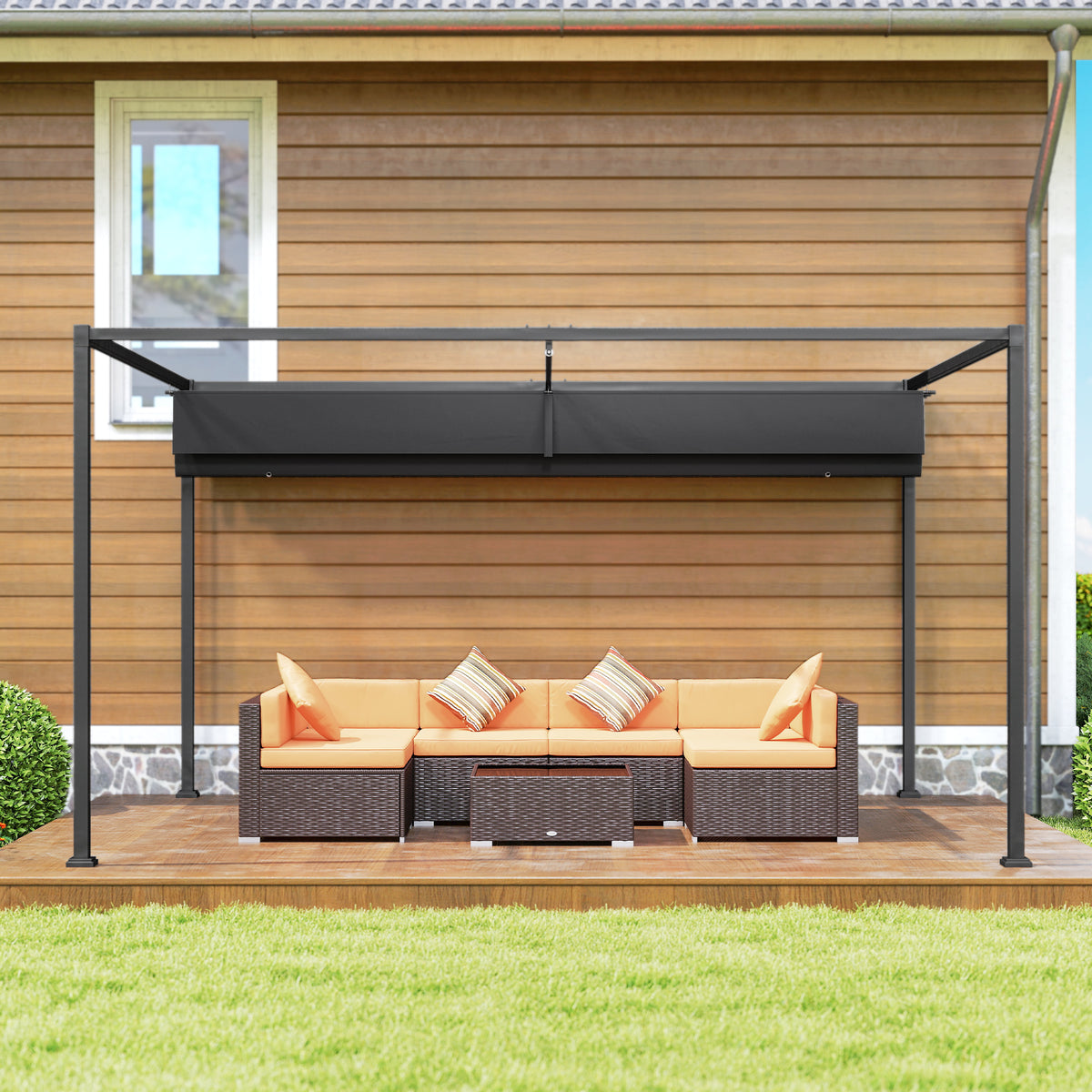 10' x 7' Black Patio Pergola with Retractable Canopy