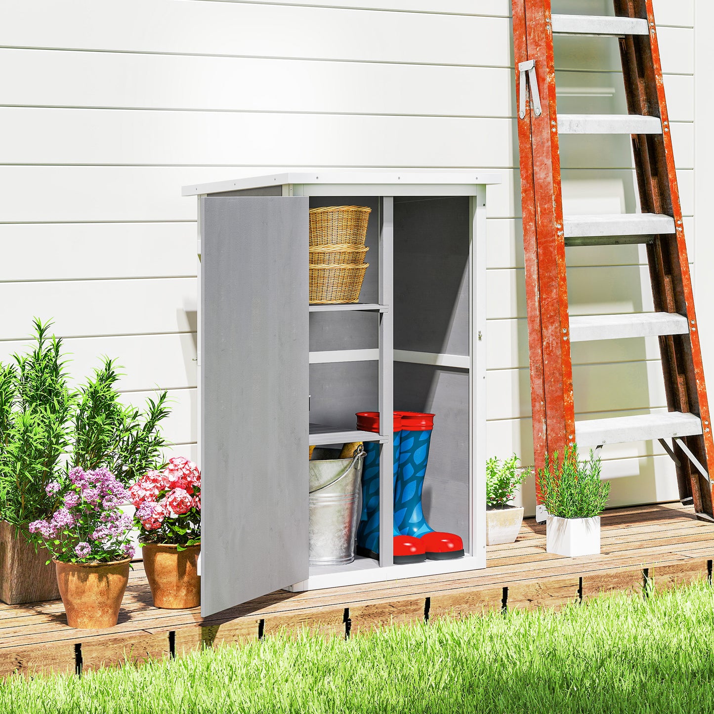 29.9"x21.7"x45.3" Garden Storage Shed with Asphalt Roof, Outdoor Storage Cabinet w/ Shelves, Grey