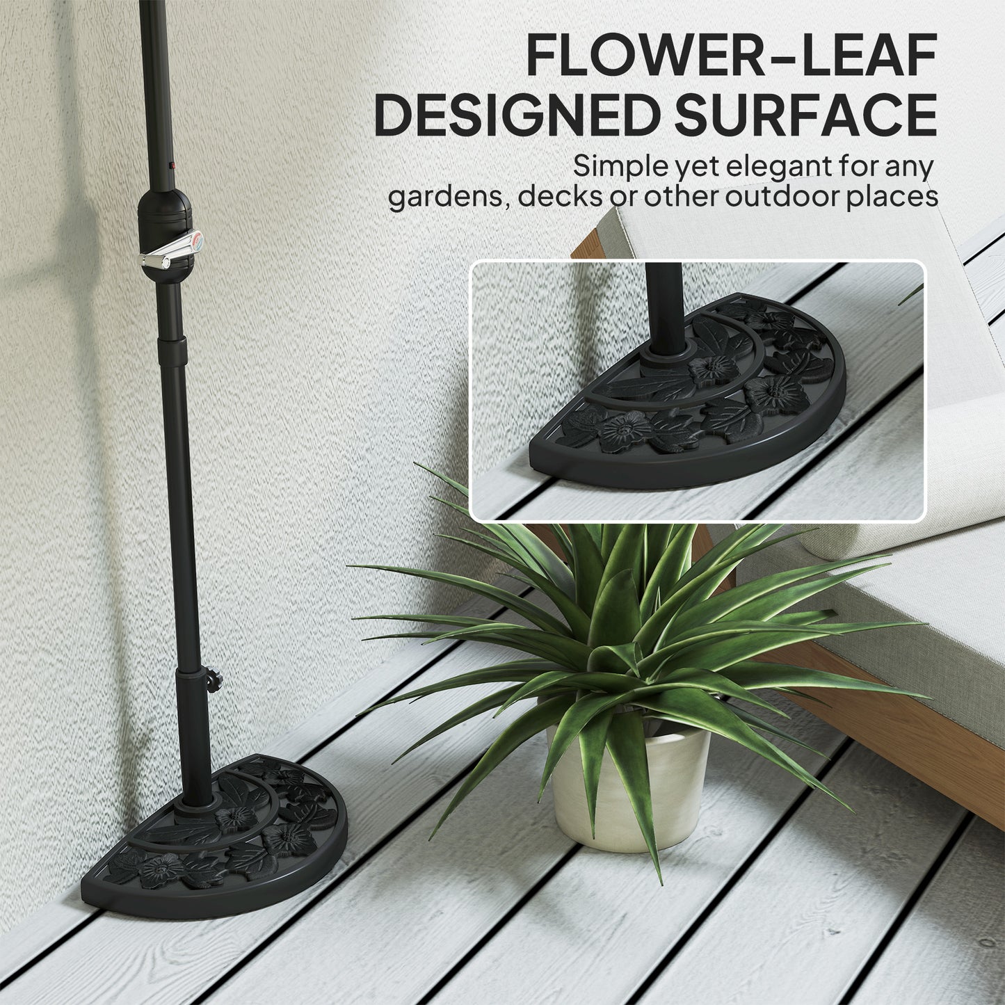 21 lbs Resin Half Umbrella Base, Concrete Half Umbrella Stand Outdoor Umbrella Base with Flower-Leaf Design, Patio Umbrella Stand for Outdoor Lawn Poolside, Black