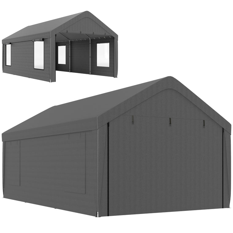 12' x 20' Dark Grey Carport with Roll-Up Doors & Windows