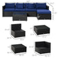 6 Pieces Outdoor PE Rattan Wicker Patio Furniture Sofa Set with Thick Cushions, Deluxe Garden Sectional Couch with Glass Top Table, Black and Dark Blue