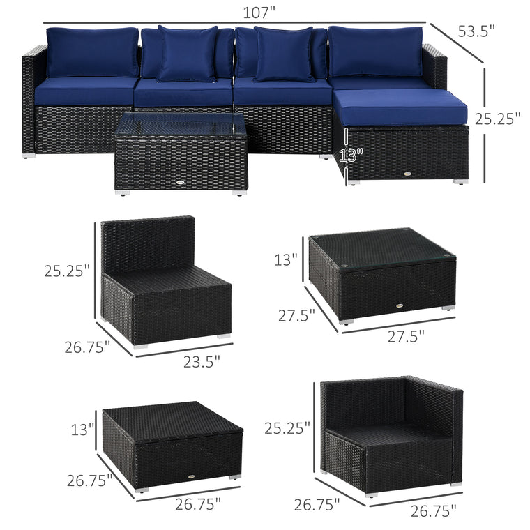 Black & Dark Blue 6-Piece Rattan Sofa Set with Cushions
