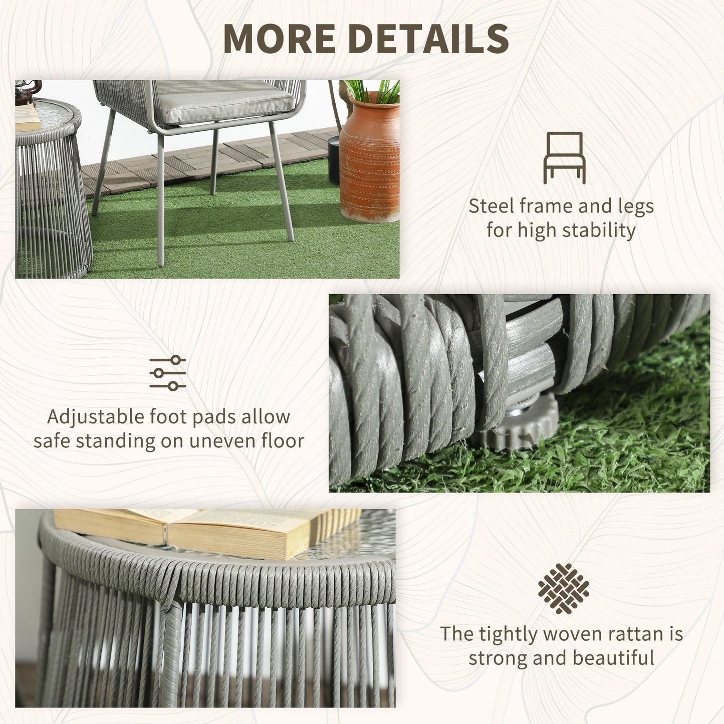 3 Piece Outdoor Patio Bistro Set, Wicker Rattan Furniture with Metal Legs for Garden, Backyard, Light Grey