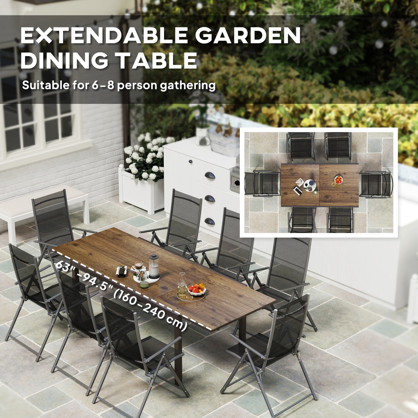 63"-94.5" Extendable Patio Dining Table for 6-8 Person, Outdoor Dining Table with Aluminium Edging, Steel Frame, Grey