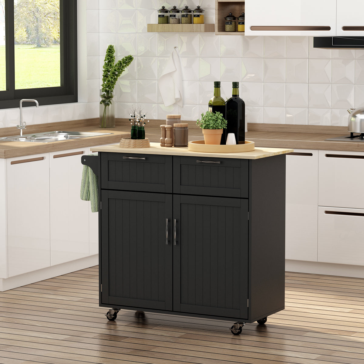 Rolling Kitchen Island, Kitchen Cart on Wheels with 2 Storage Drawers, 2 Door Cabinets and Towel Rack for Dining Room (Black, 2-Doors)