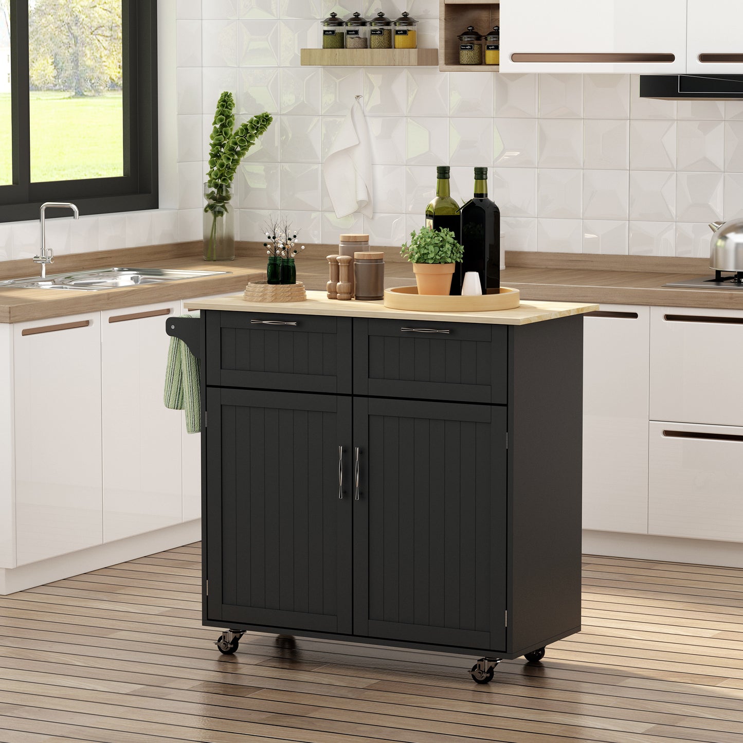 Rolling Kitchen Island, Kitchen Cart on Wheels with 2 Storage Drawers, 2 Door Cabinets and Towel Rack for Dining Room (Black, 2-Doors)
