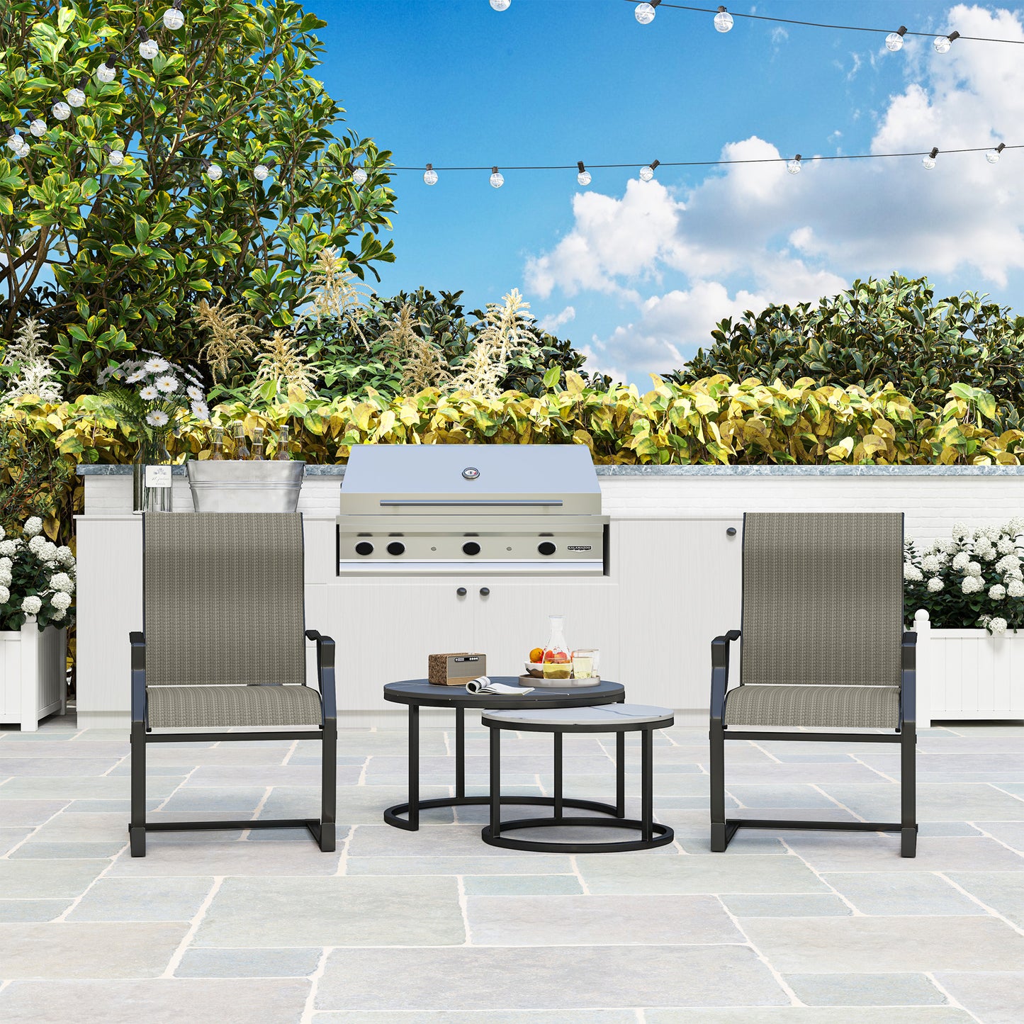 C Spring Motion Patio Chairs Set of 2 with Curved High Backrest, Armrest, All Weather Breathable Fabric, Metal Frame