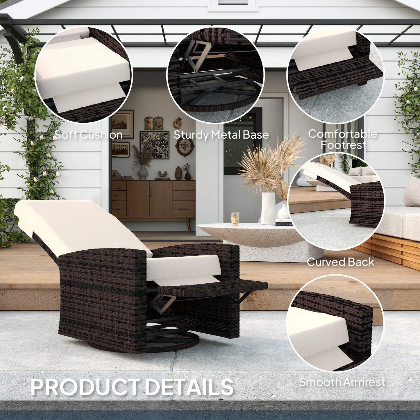 Outdoor Rattan Wicker Lounge Chair with Footrest & Soft Cushion for Patio, Garden, Backyard, Cream White