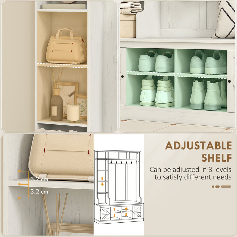 Hall Tree Storage Bench with Coat Rack - White Wood Grain
