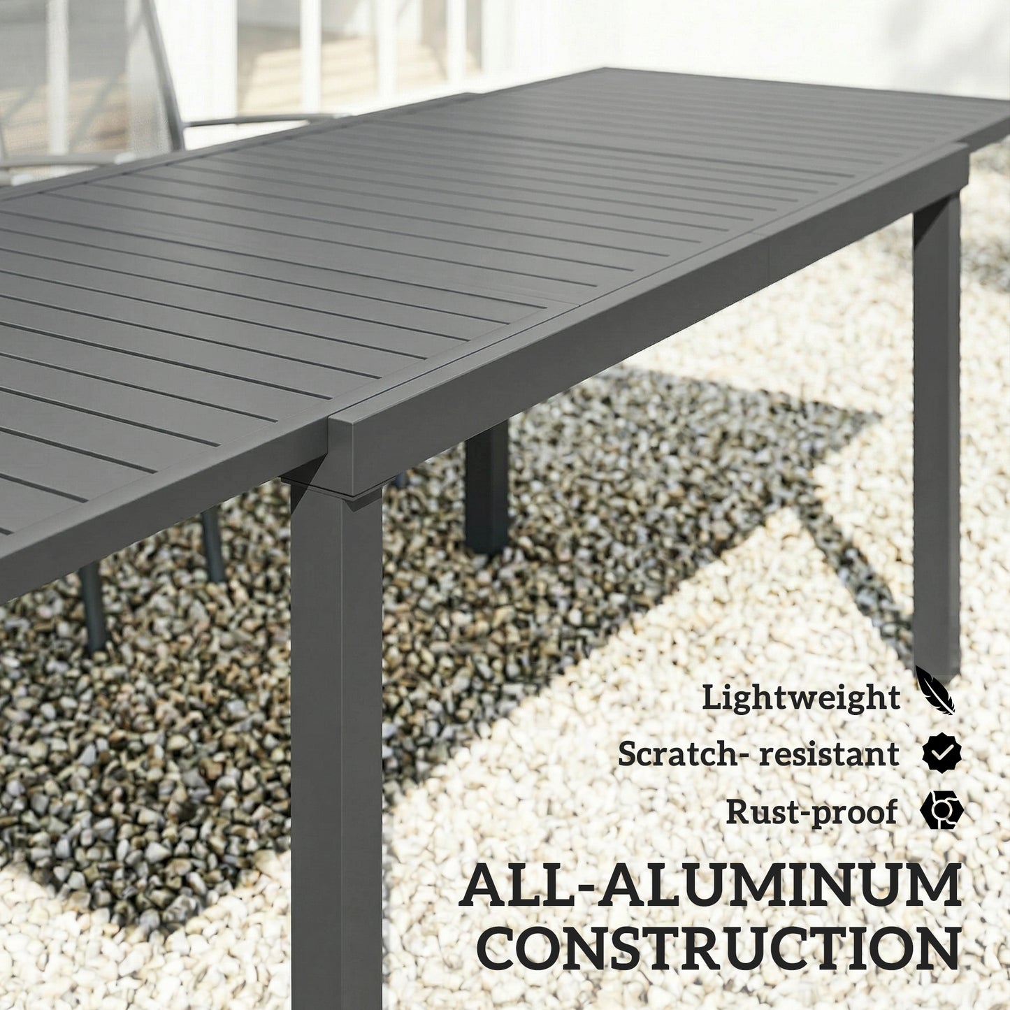 Expandable Outdoor Dining Table for 6-8 People, 59"-89" Aluminum Patio Dining Table with Slatted Top, Dark Grey