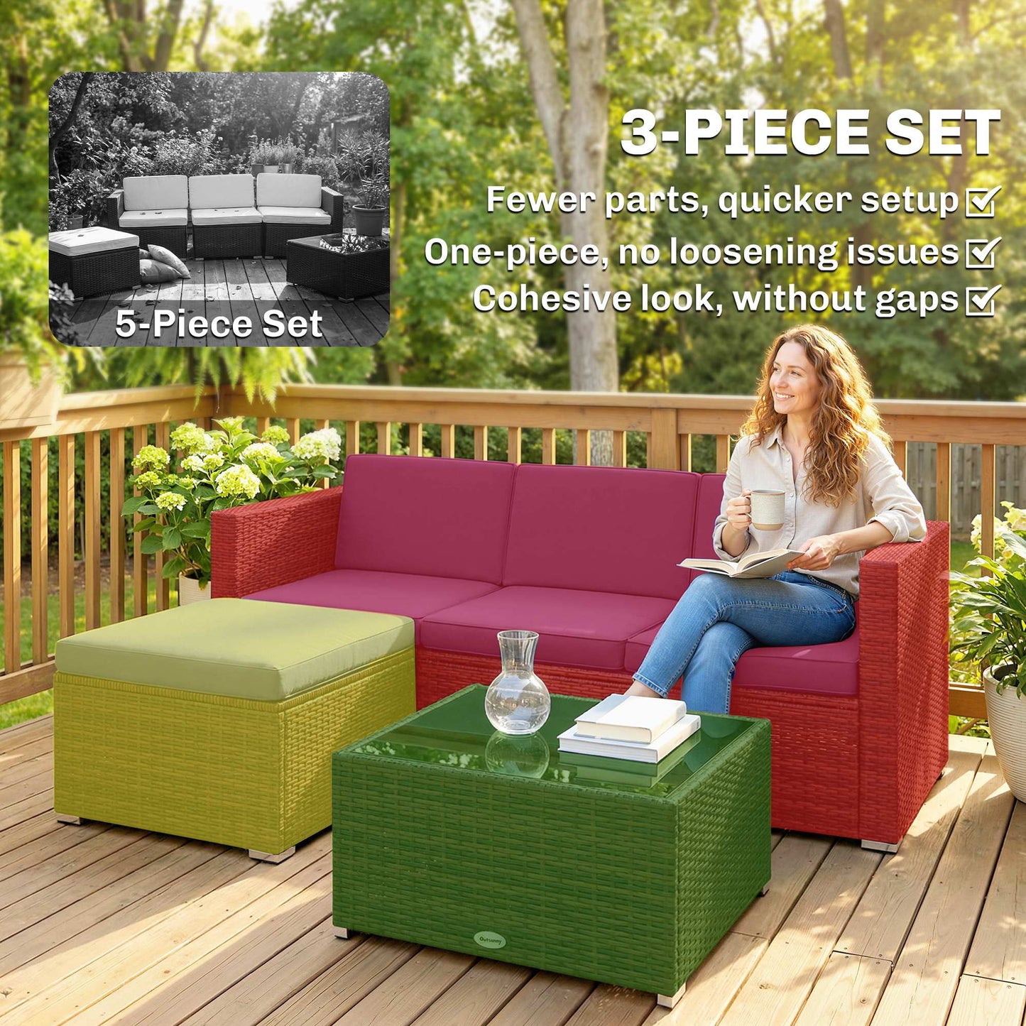 3 Pieces Patio Furniture Set with Cushions, Outdoor PE Rattan Wicker Conversation Corner Sofa Set with Glass Top Table