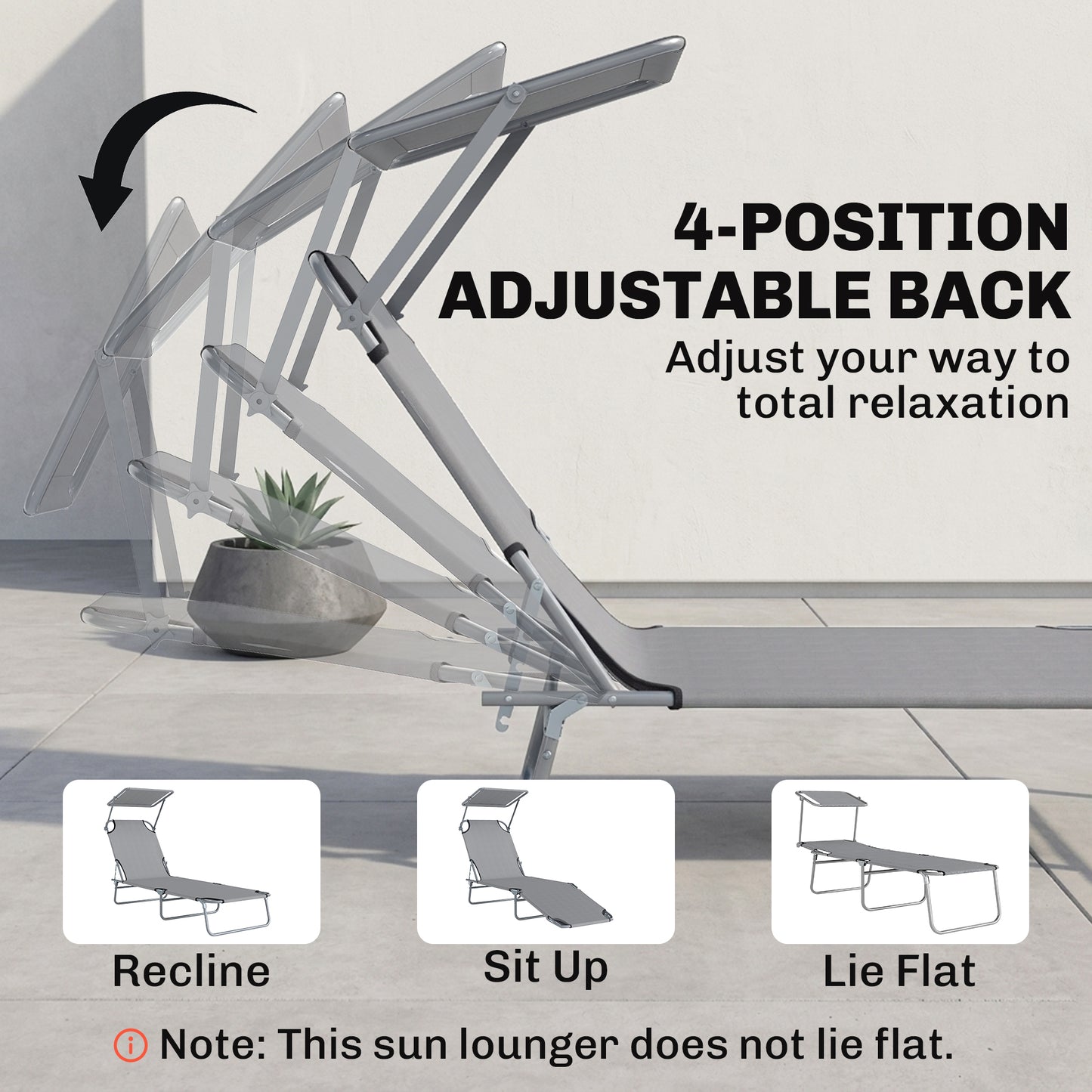 Outdoor Lounge Chair, Adjustable Folding Chaise Lounge, Tanning Chair with Sun Shade for Beach, Camping, Hiking, Backyard, Light Grey