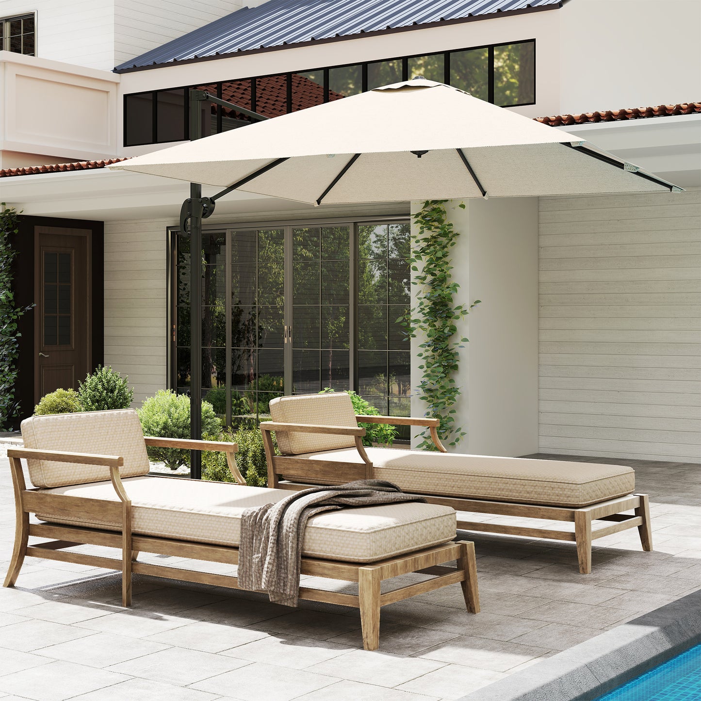 8' x 8' Square Patio Hanging Offset Umbrella with 360° Rotation, Aluminum Outdoor Cantilever Parasol with Crank & Tilt, Sun Canopy Shelter with Cross Base, White