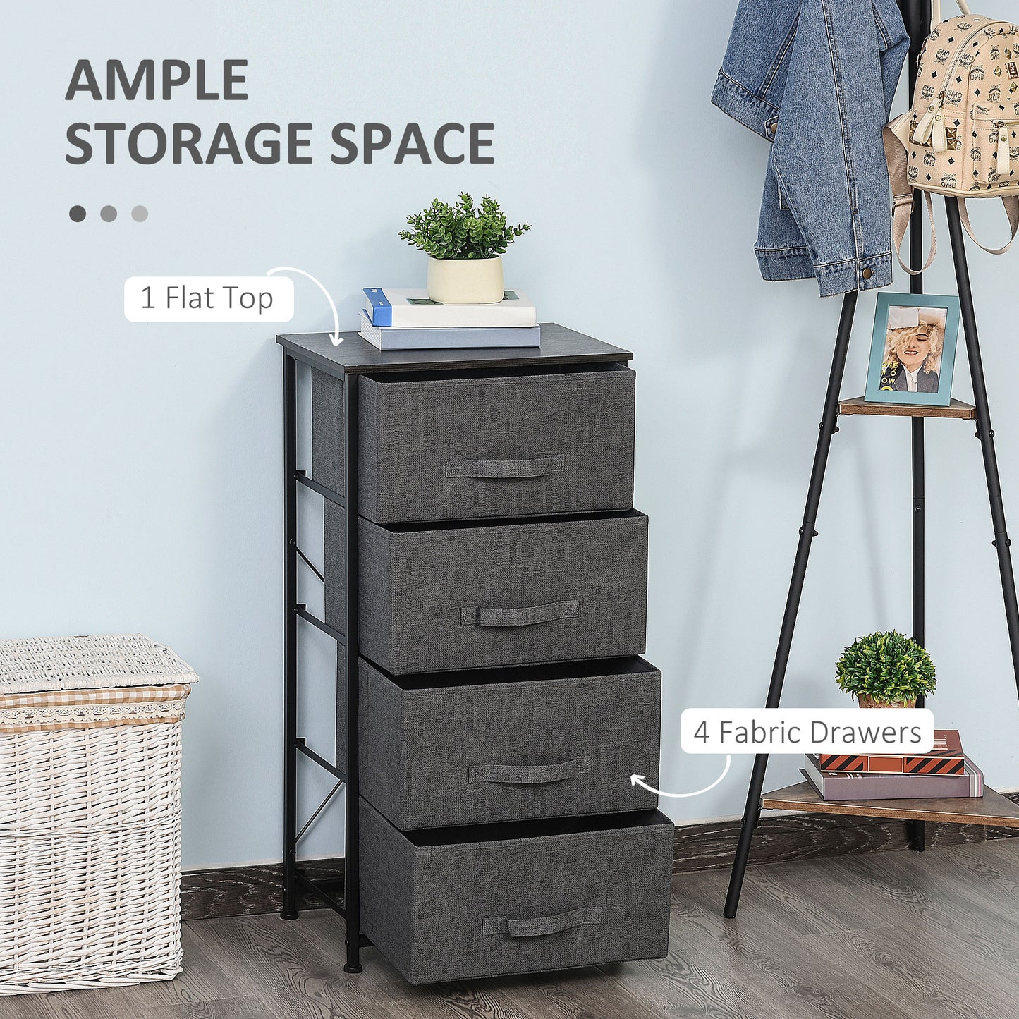 Linen Drawer Cabinet Organizer Storage Dresser Tower with 4 Removable Drawer Metal Frame Adjustable Feet for Living Room, Kitchen, Bathroom, Black