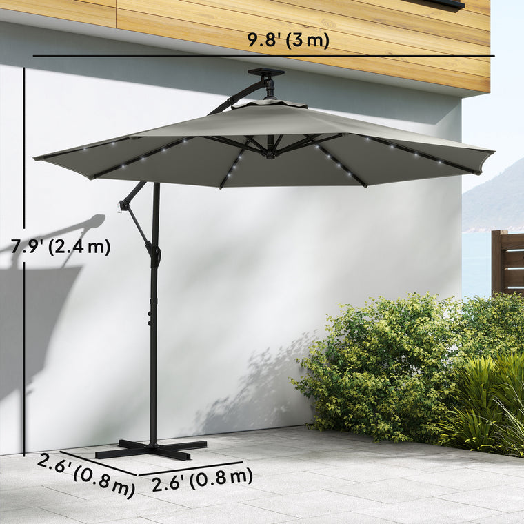 9.7' Grey Cantilever Patio Umbrella with Solar Light