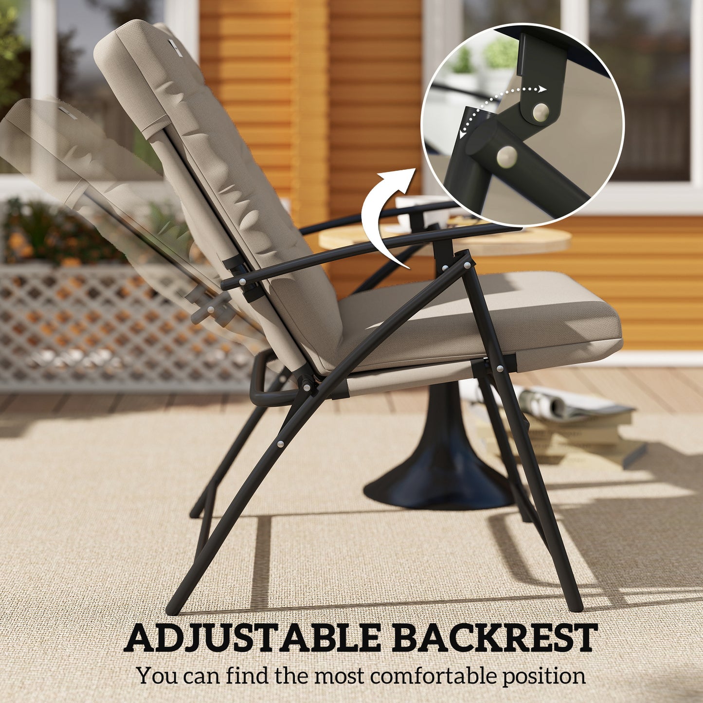 Set of 2 Outdoor Folding Chairs with Adjustable Backrest, Padded Camping Chairs for Outdoor Events, Khaki