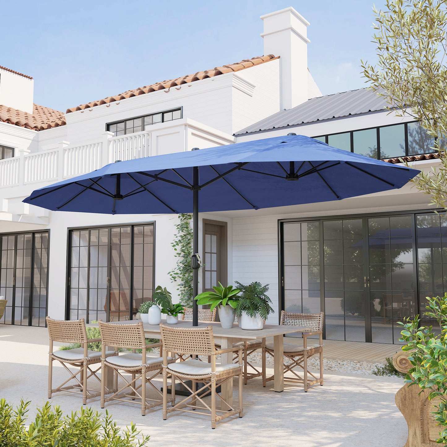 15ft Double-sided Patio Umbrella with Twin Canopy, Extra Large Outdoor Parasol with Crank for Pool, Deck, Market, Blue