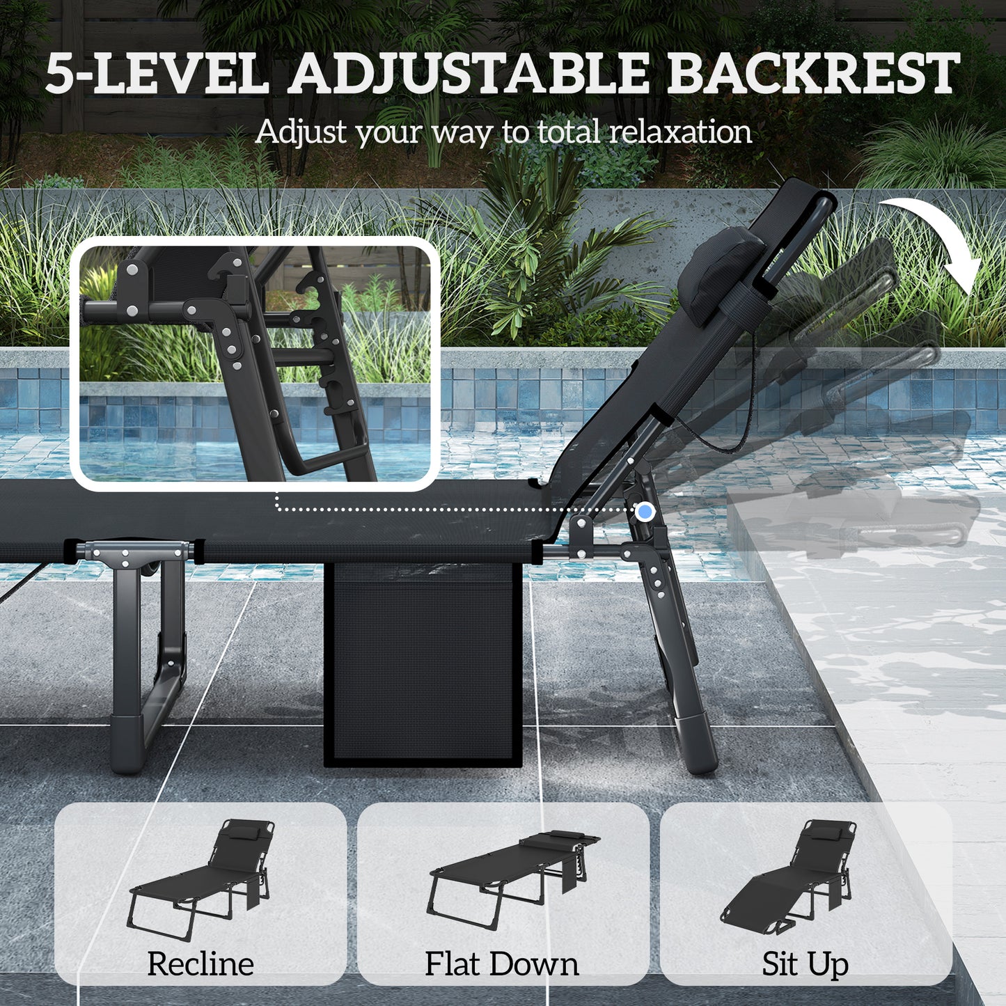 29.5" Wide Folding Chaise Lounge Chair Outdoor Tanning Chair Set of 2, Camping Cot with Cushion, Side Pocket, Grey/Blue