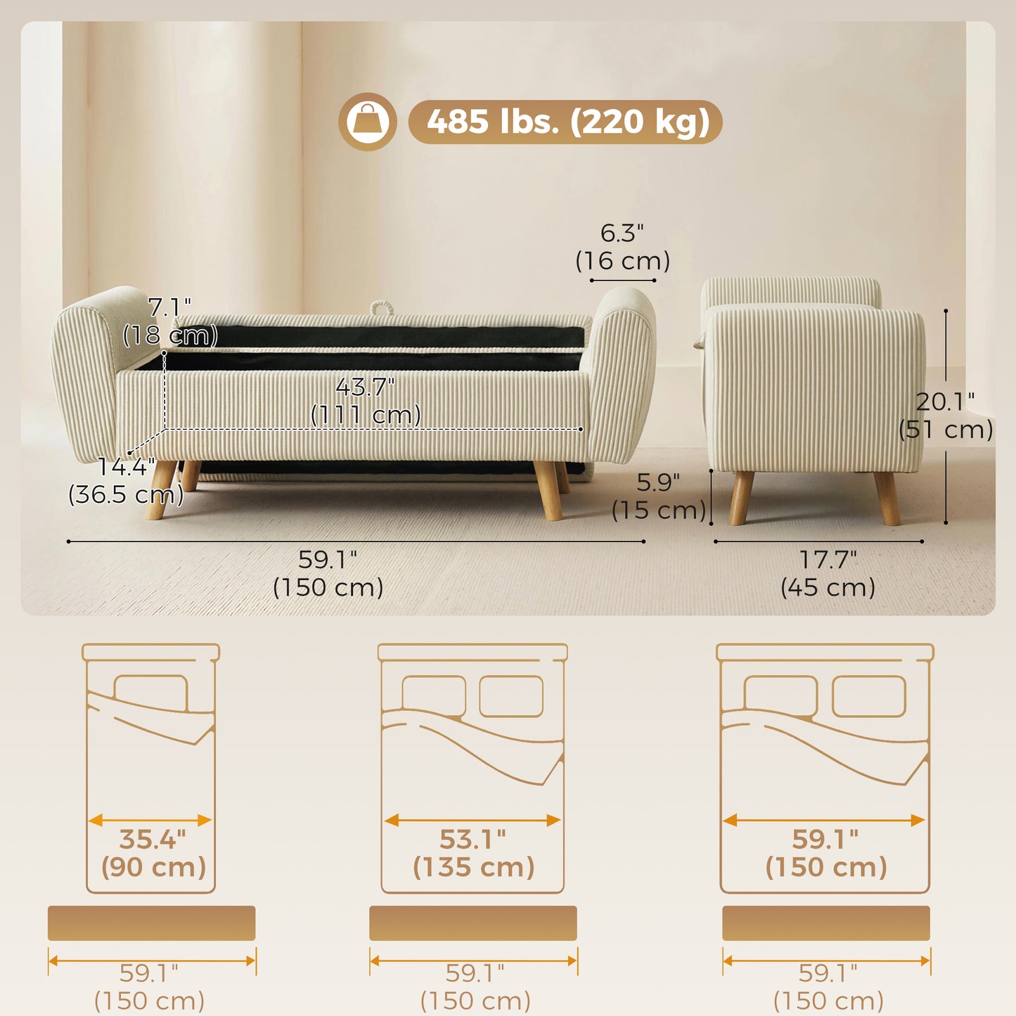 Storage Ottoman, 59" Corduroy End of Bed Storage Bench for King Size Bed with Wooden Legs and Rolled Arms, Beige