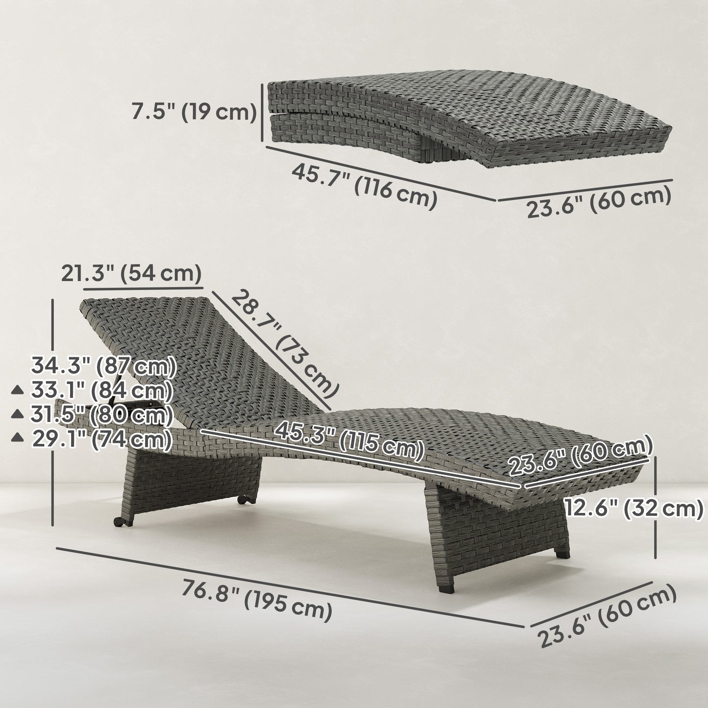 Patio Lounger, Folding Wicker Outdoor Chaise Lounge with 4-Level Adjustable Backrest, Grey