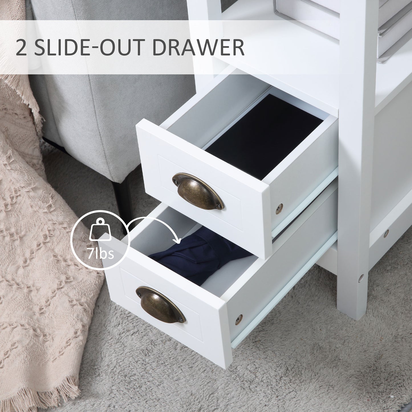 Slim End Table with 2 Drawers and Storage Shelf, Sofa Side Table for Living Room, Narrow Nightstand, White