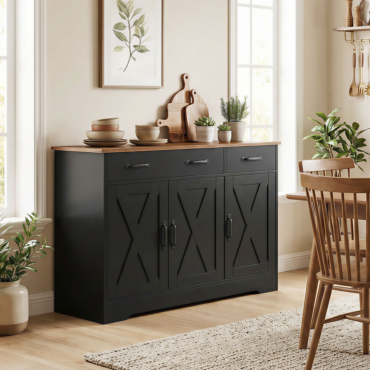 Sideboard Buffet Cabinet, 43" Farmhouse Kitchen Cabinet with 3 Barn Doors, 2 Drawers, 2 Adjustable Shelves, Black