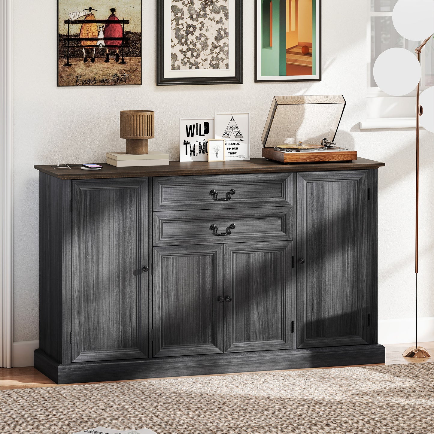 Farmhouse Sideboard with Charging Station and Thickened Top, 58" Buffet Cabinet with 2 Soft-Close Drawers, Black