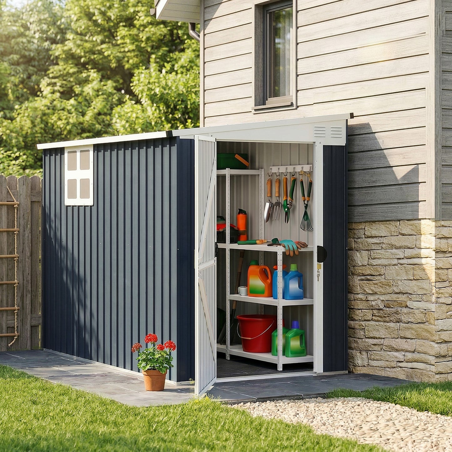 Outdoor Storage Shed, Metal Garden Shed with Window, 2 Vents and Lockable Door for Backyard, Garden, Patio