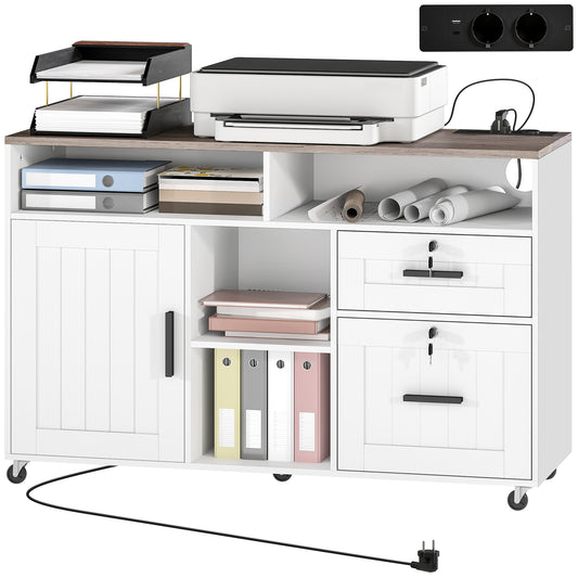 Mobile Printer Stand with Charging Station & Lock - White
