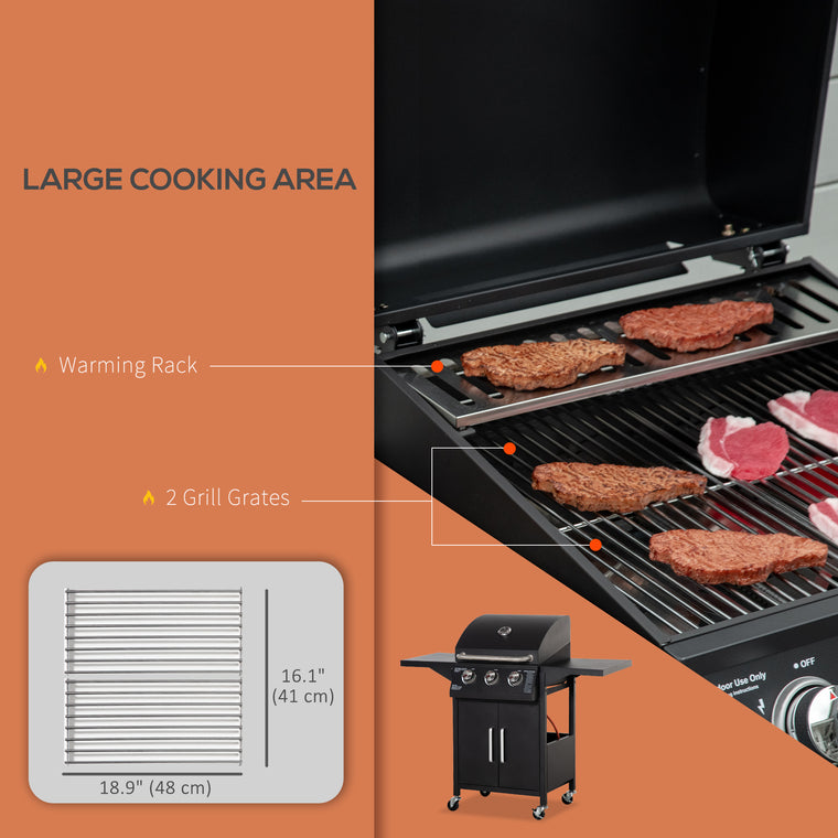 3-Burner Black Gas Grill with Warming Rack & Cabinet