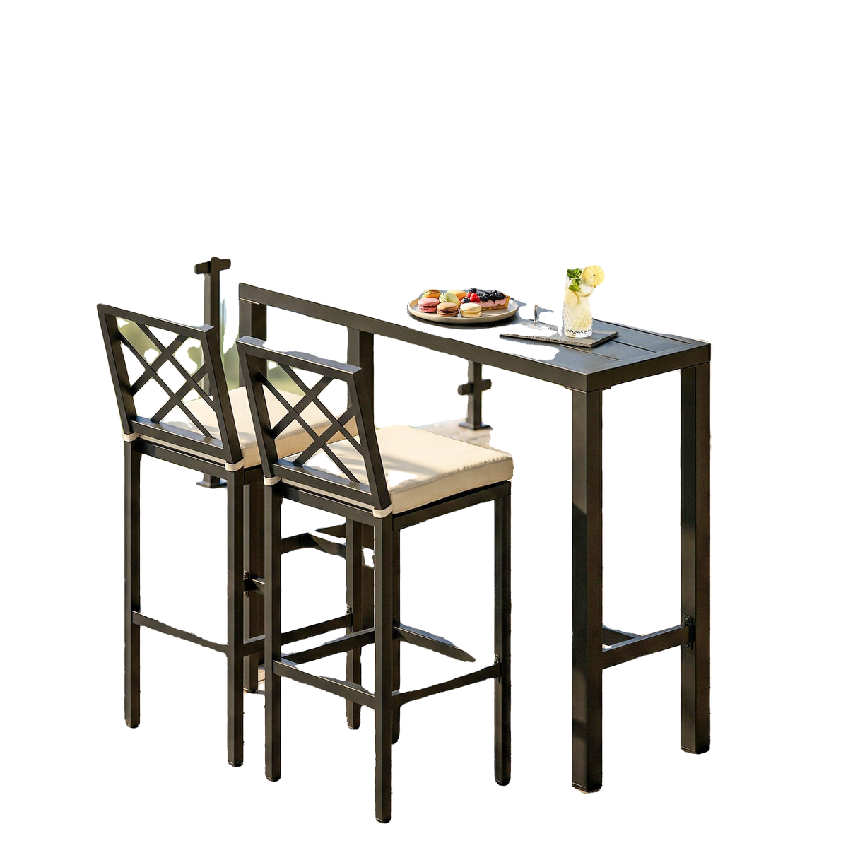 3 Piece Patio Bar Set, Outdoor Bar Table and Stools, Electrophoresis Steel Tabletop, X Back, Footrest, Cushions, Khaki