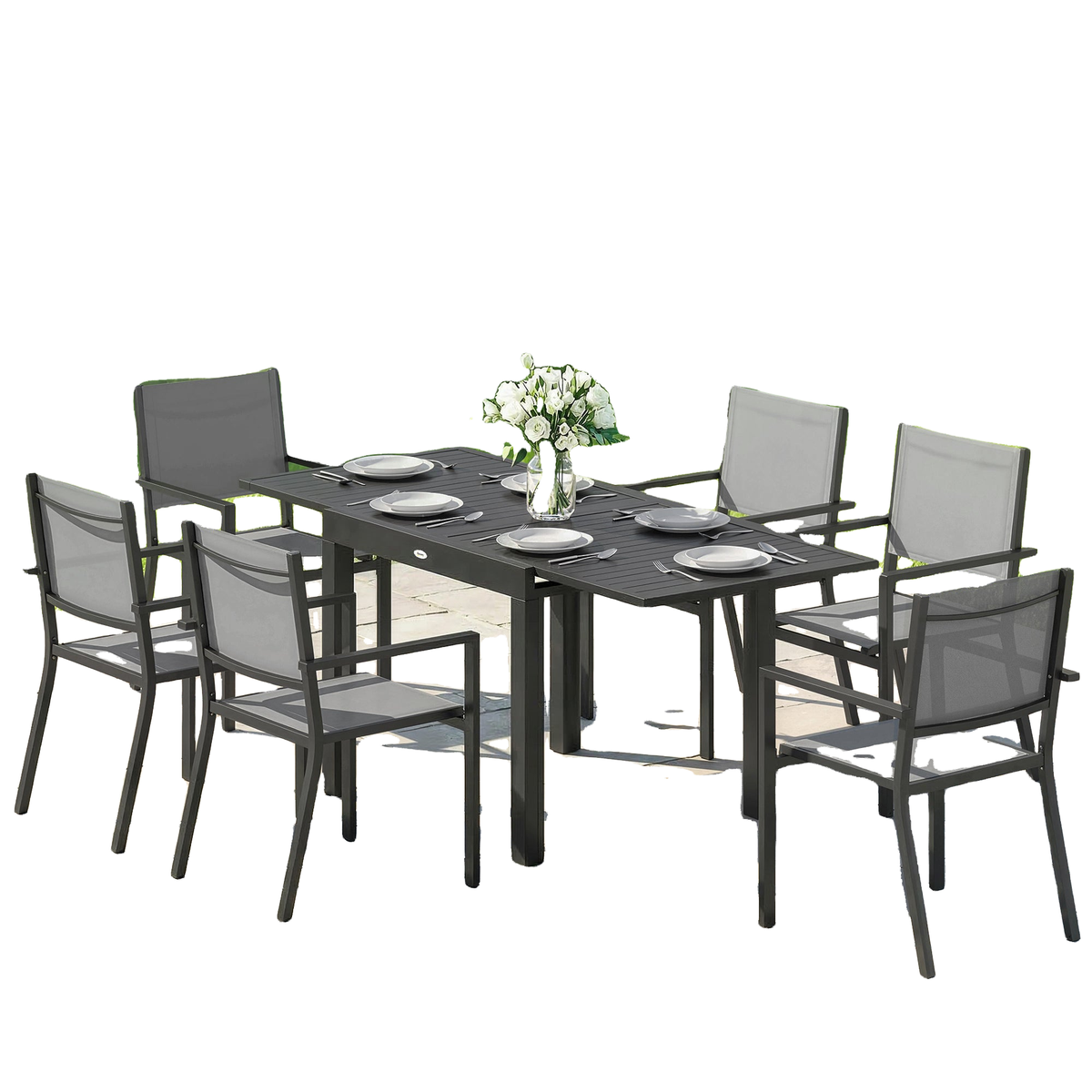 7 Pieces Outdoor Dining Set, Aluminum Patio Table and Chairs Set for 6 with Extendable Tabletop and Stackable Chairs
