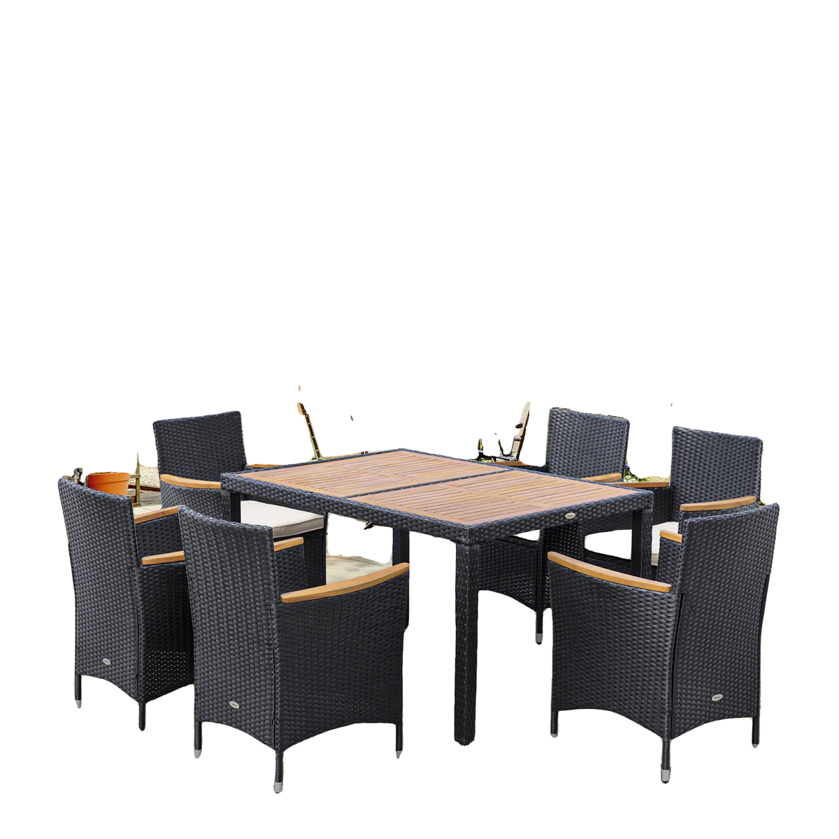 7 Pieces Outdoor Dining Set for 6, PE Wicker Rattan Patio Furniture Set with High-Back Armchairs, Glass Table Top