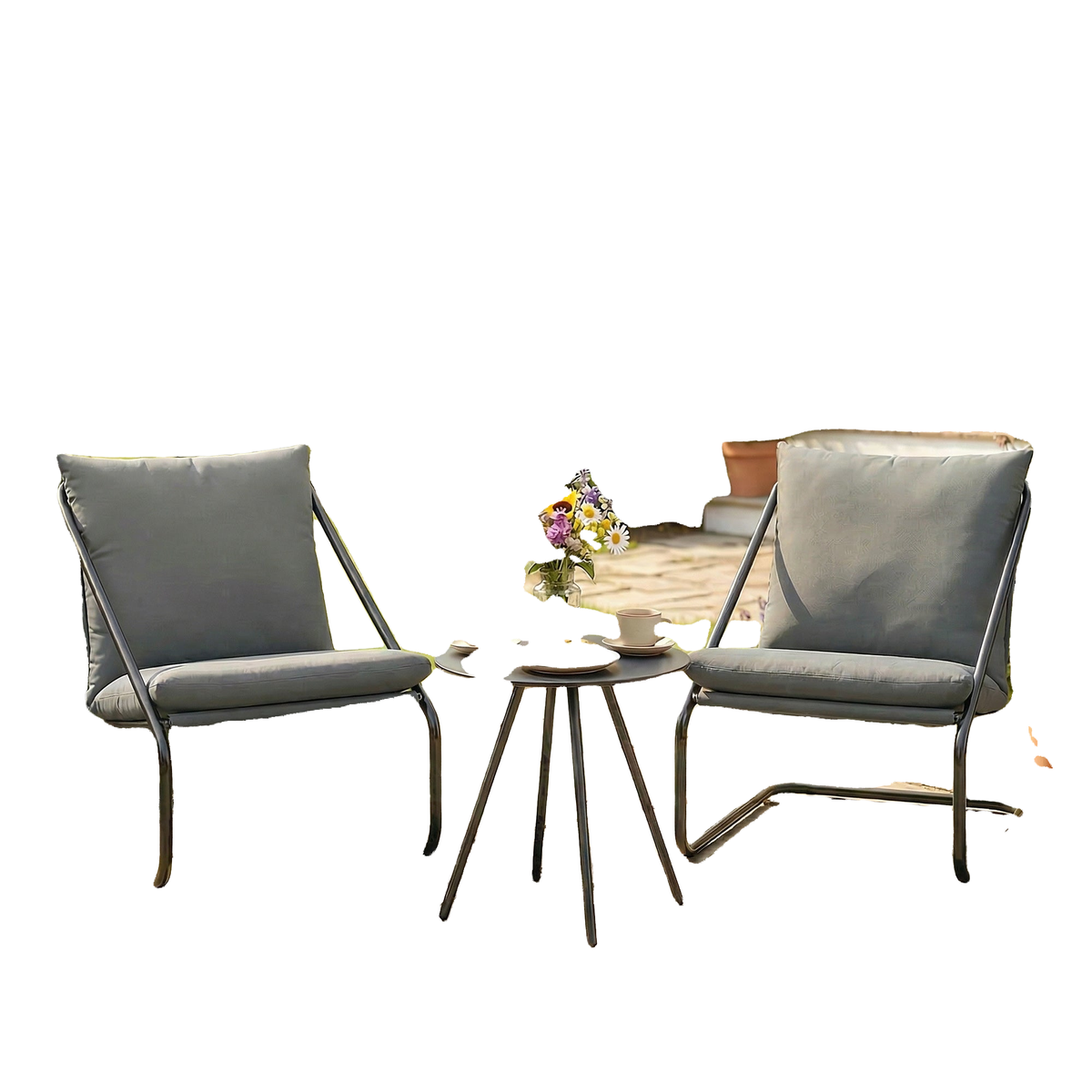 Outdoor Bistro Set, 3 Piece Patio Furniture Set with 2 C Spring Chairs and Round Table for Balcony, Light Grey