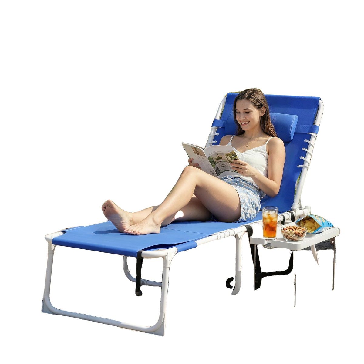 Tanning Chair with Face Hole and Side Table, Folding Outdoor Lounge Chair with Carry Straps, Side Pocket, Navy Blue
