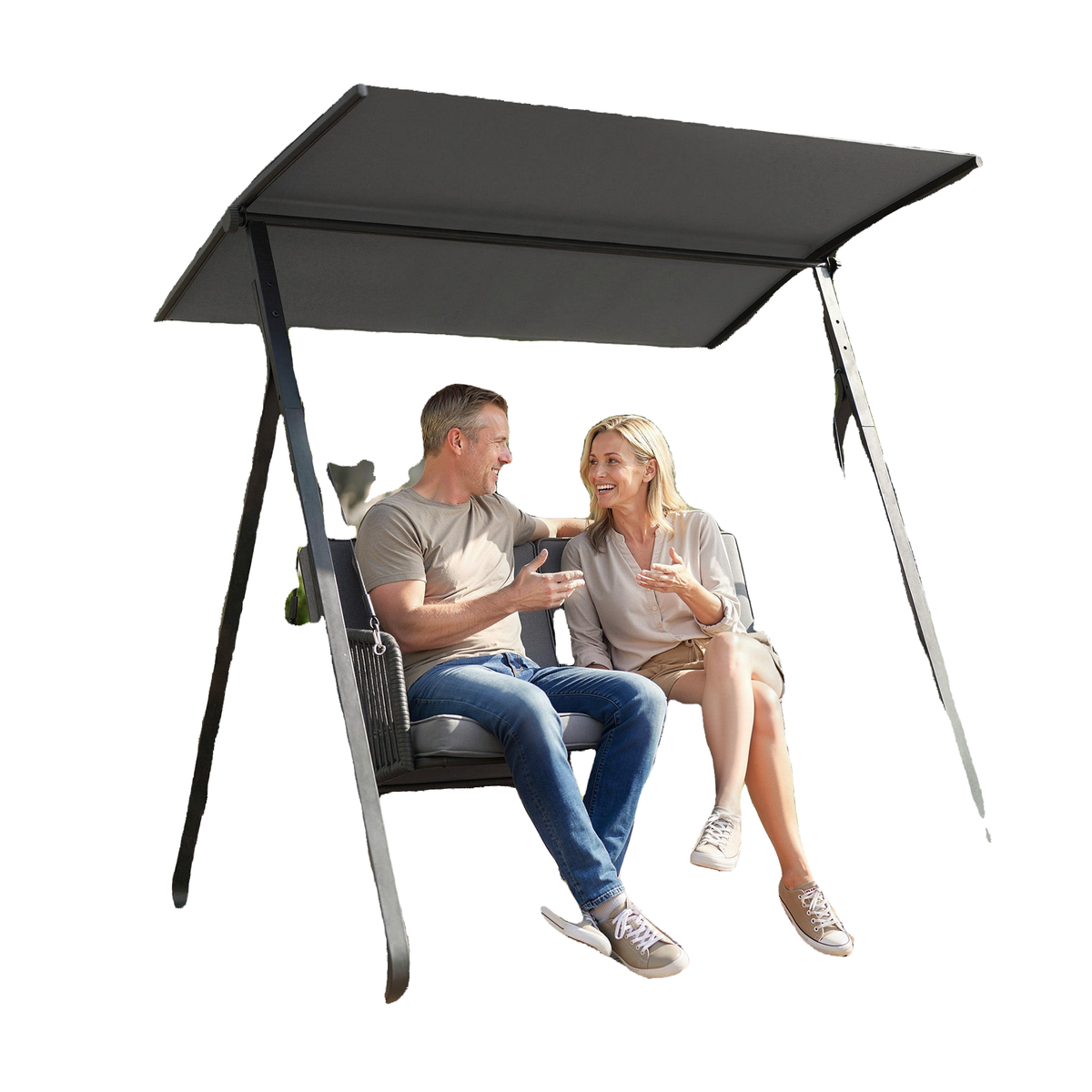 2-Person Outdoor Patio Porch Swing with Adjustable Canopy, Rattan Hanging Swing Bench with Soft Cushions