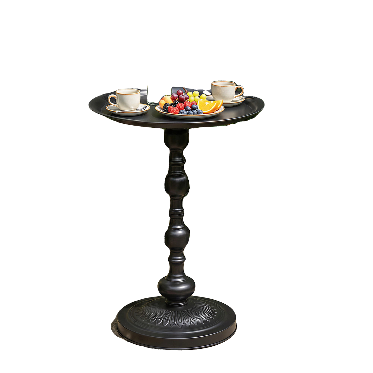 15.4" Round Outdoor Side Table, Tray Top Metal Patio Table with Retro Column Base for Indoor, Balcony, Garden, Black