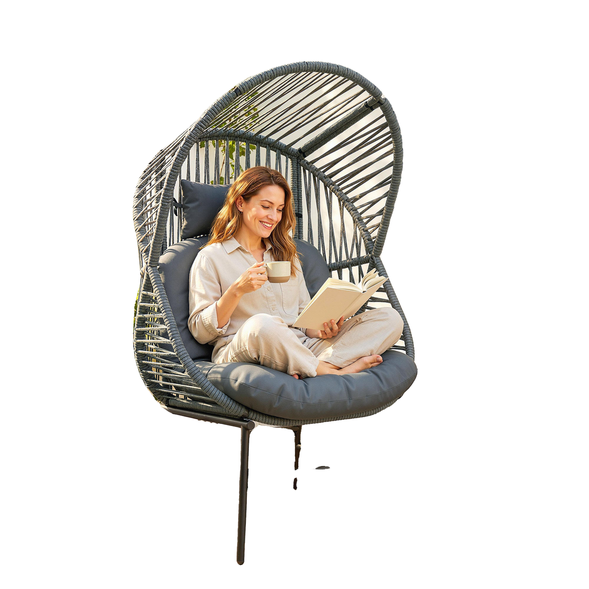 Wicker Egg Chair, 330 lbs Outdoor Rattan Lounge Chair with Thick Cushion, Headrest, Steel Frame, Dark Grey