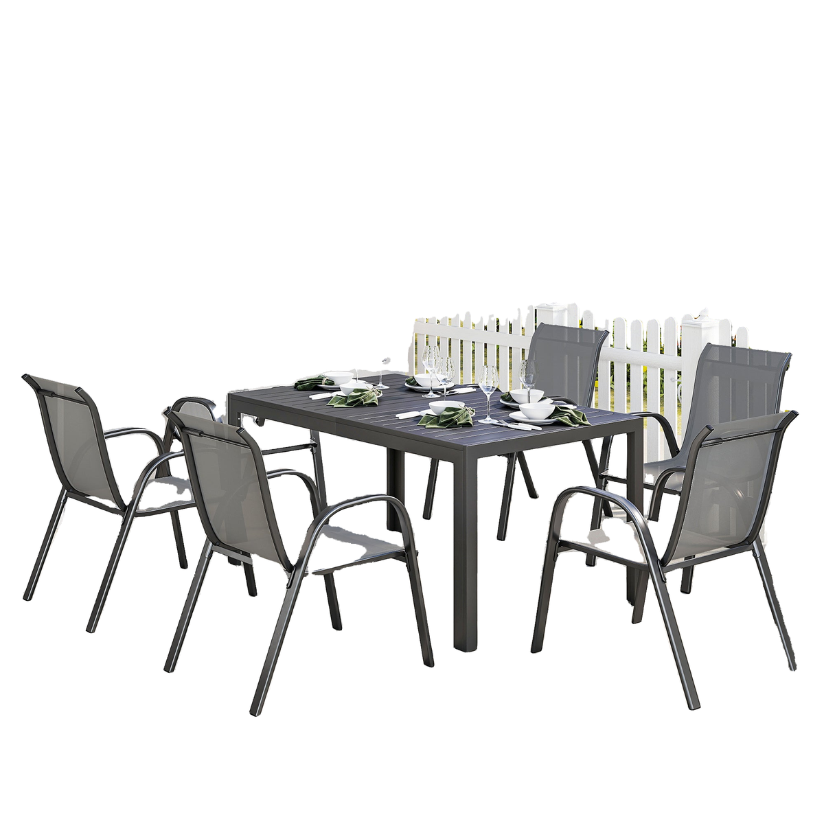 7 Pieces Outdoor Dining Set for 6, Patio Furniture Set with Rectangular Patio Table and Stackable Chairs, Light Grey