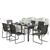 7 Pieces Outdoor Dining Set for 6, Glass Patio Table and Chairs with Decorative Armrests, All Weather Mesh, Black