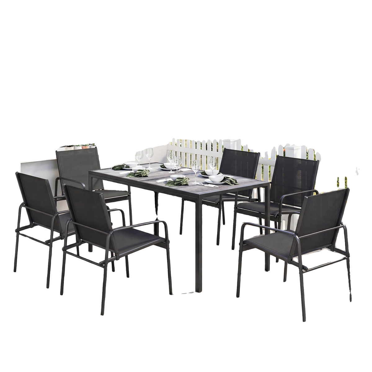 Outdoor Dining Set for 6, Faux Wood Patio Table and Chairs with Breathable Mesh Seat, Galvanized Steel Frame, Black